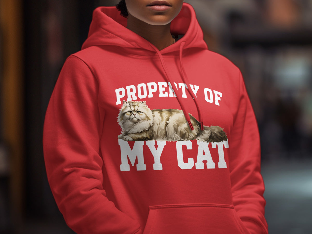Red hoodie with "Property of My Cat" and Persian cat graphic.