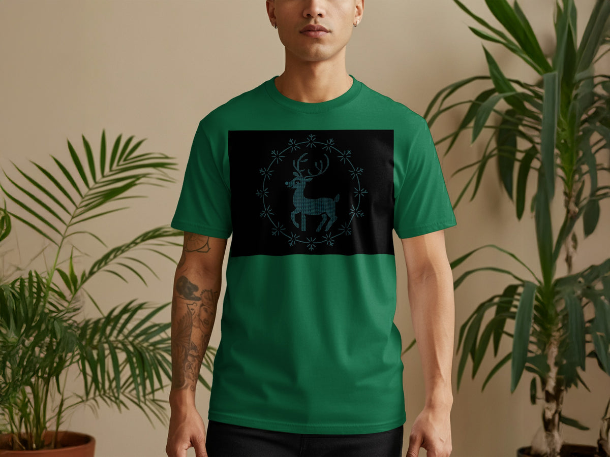 Green t-shirt with a black panel featuring a blue, pixelated reindeer in a snowflake wreath.