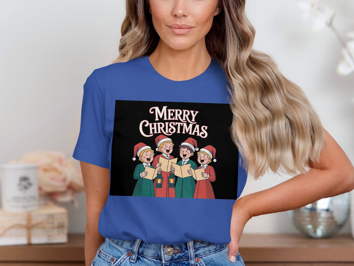Christmas carolers with lanterns sing "Merry Christmas" on a blue t-shirt.
