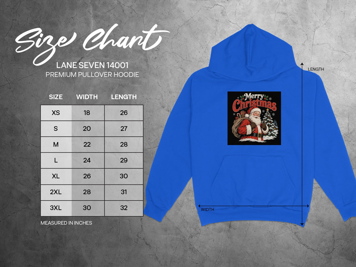 Blue Lane Seven 14001 premium pullover hoodie next to a size chart table from XS to 3XL.