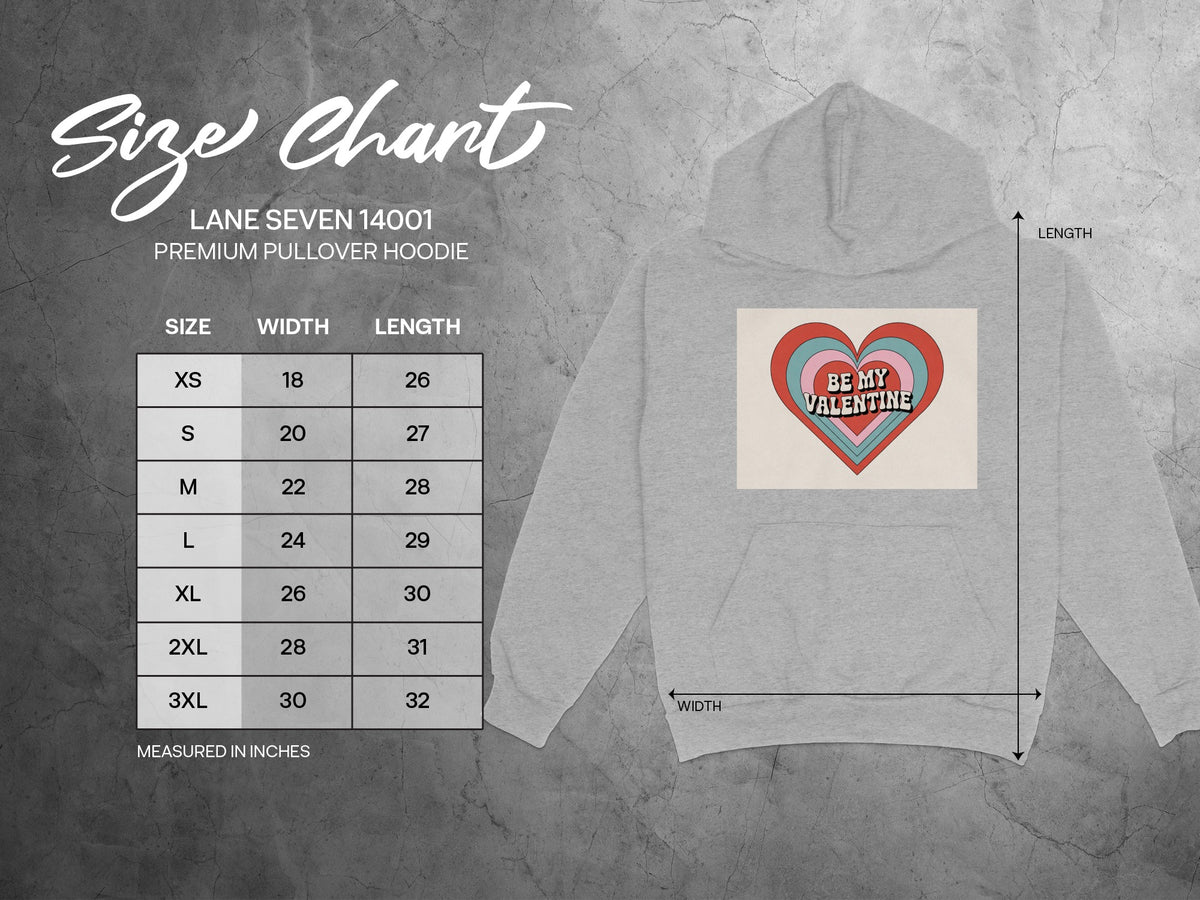 Size chart for Lane Seven 14001 premium pullover hoodie with measurements.