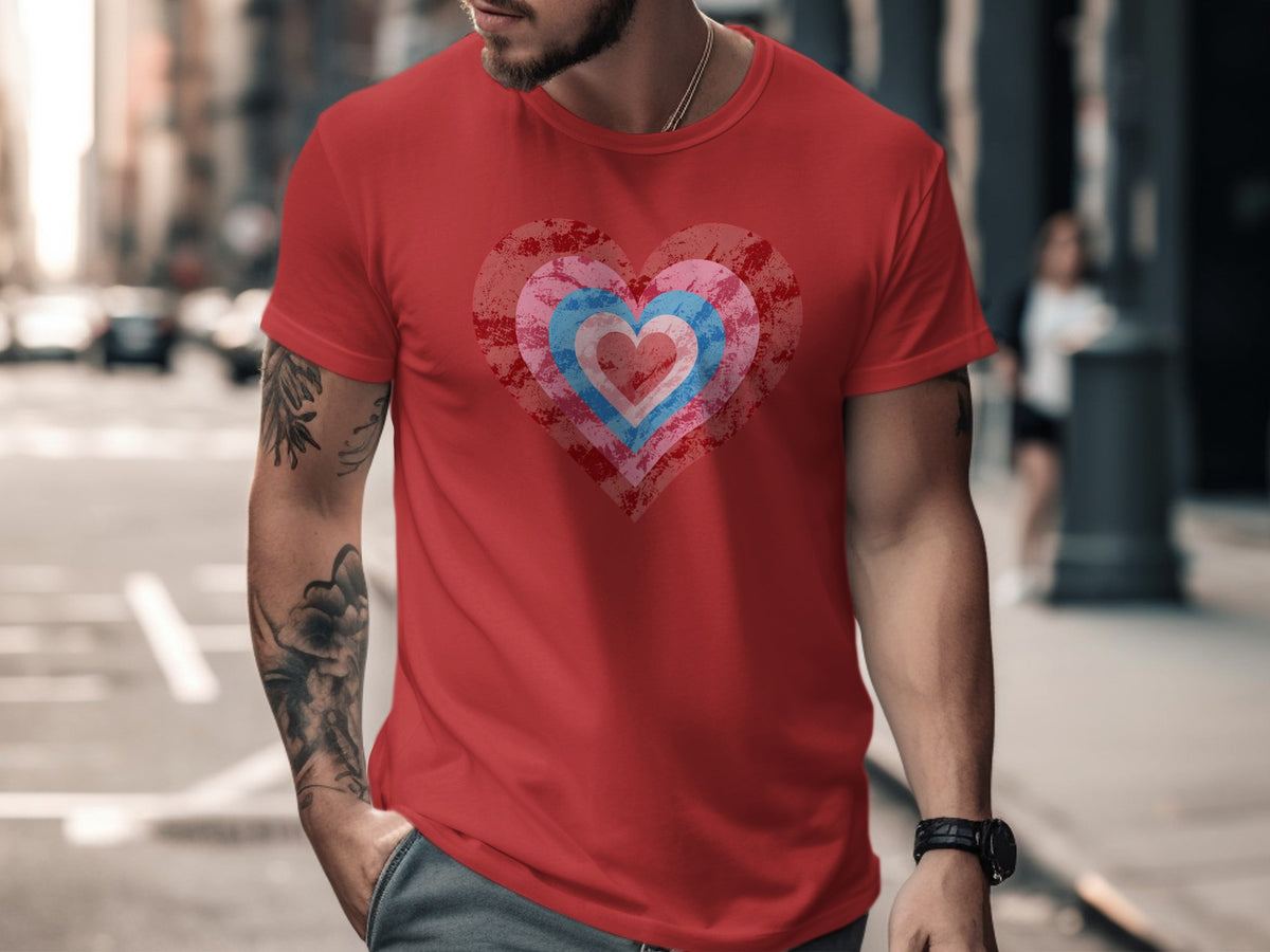 Red t-shirt with layered hearts in transgender flag colors and distressed texture.