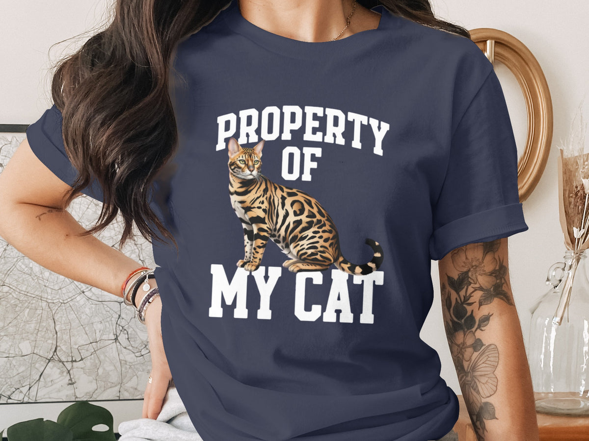 Navy t-shirt with "PROPERTY OF MY CAT" and a Bengal cat graphic.