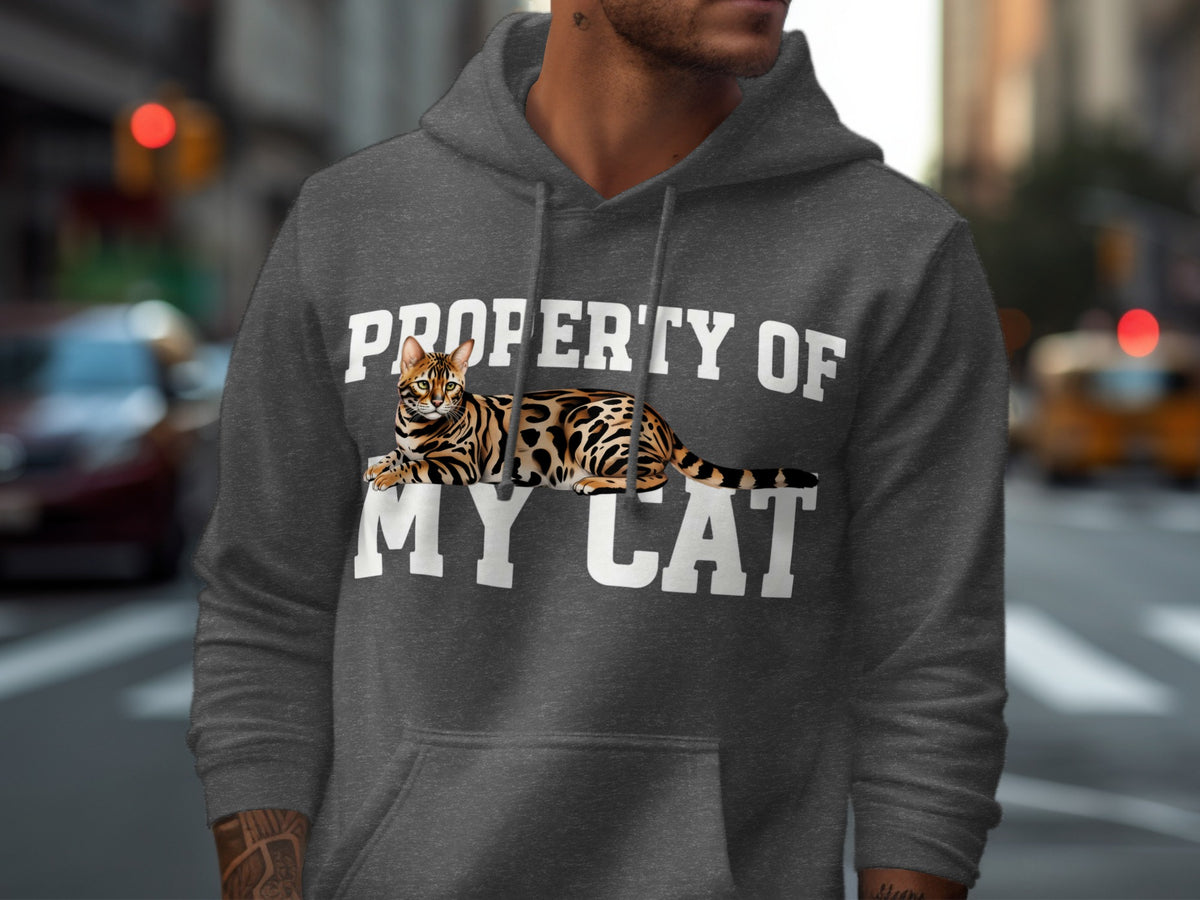 Dark grey hoodie with "Property Of My Cat" text and leopard-spotted cat graphic.