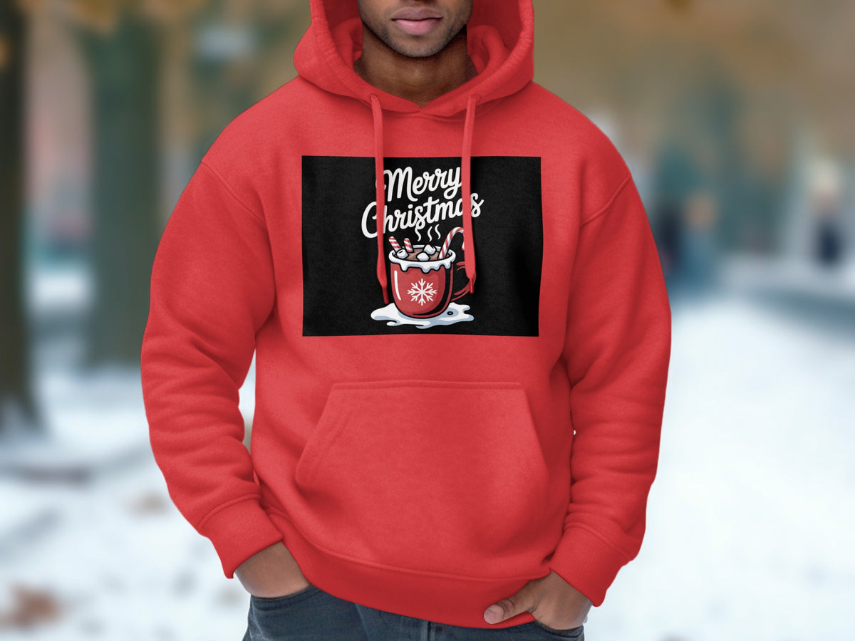 A man wearing a red hooded sweatshirt featuring a Merry Christmas graphic with a hot cocoa mug.