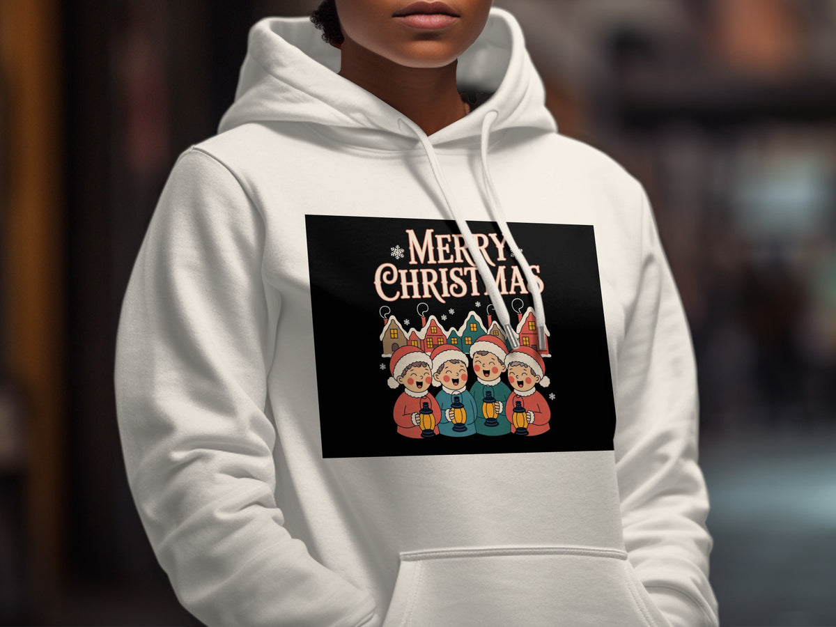 White hoodie with a "Merry Christmas" graphic featuring carolers and houses.