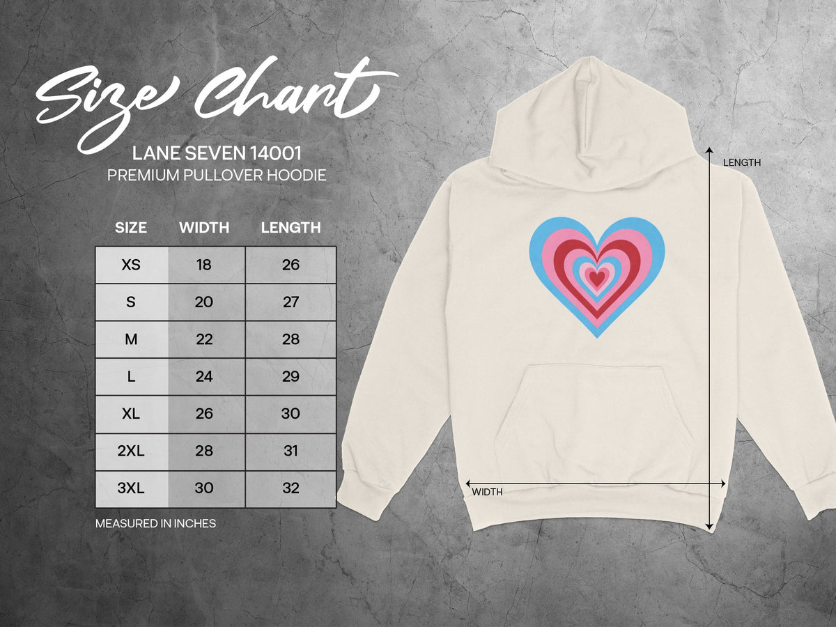 Lane Seven 14001 premium pullover hoodie size chart with measurements in inches.