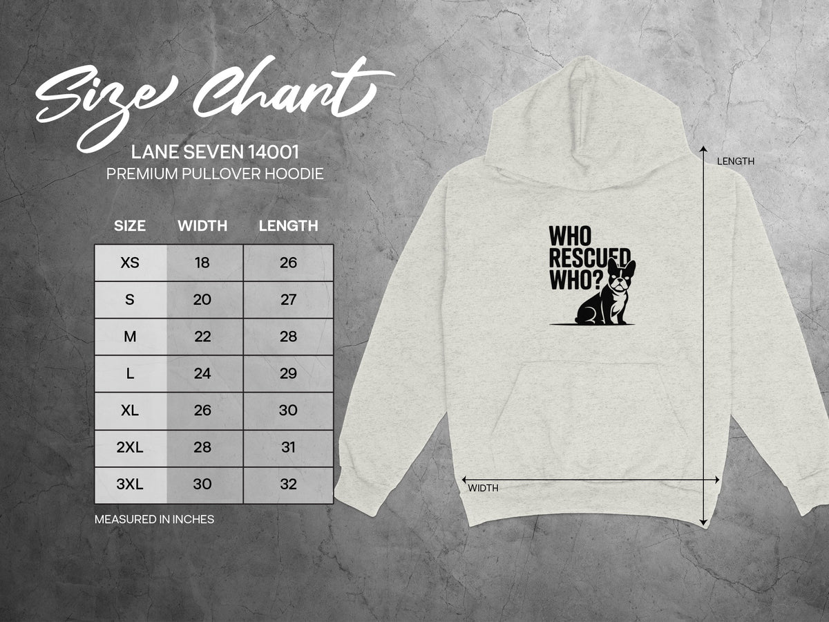 Lane Seven 14001 hoodie size chart with dimensions and graphic.