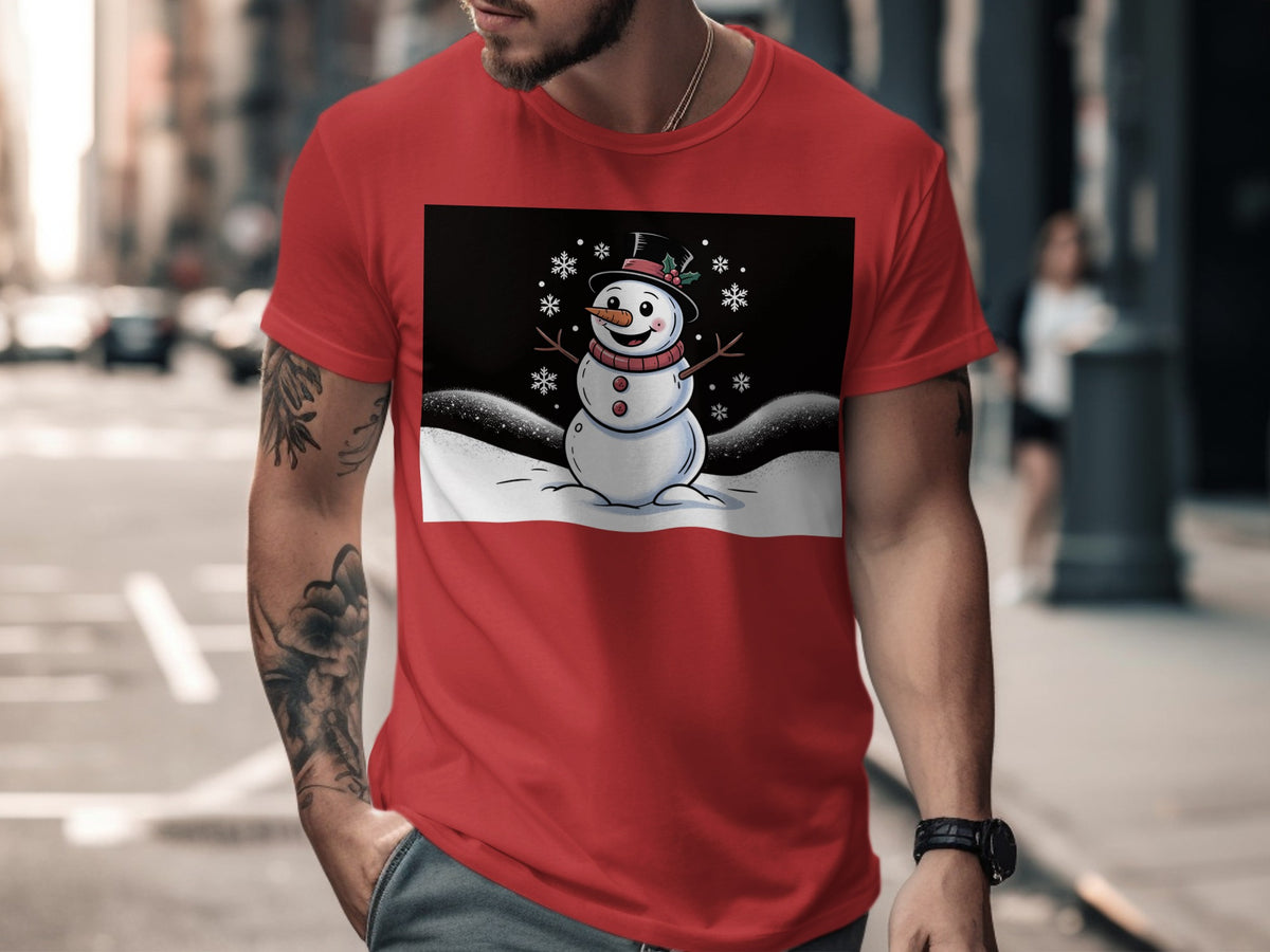Red t-shirt with a black and white illustration of a snowman with a hat.