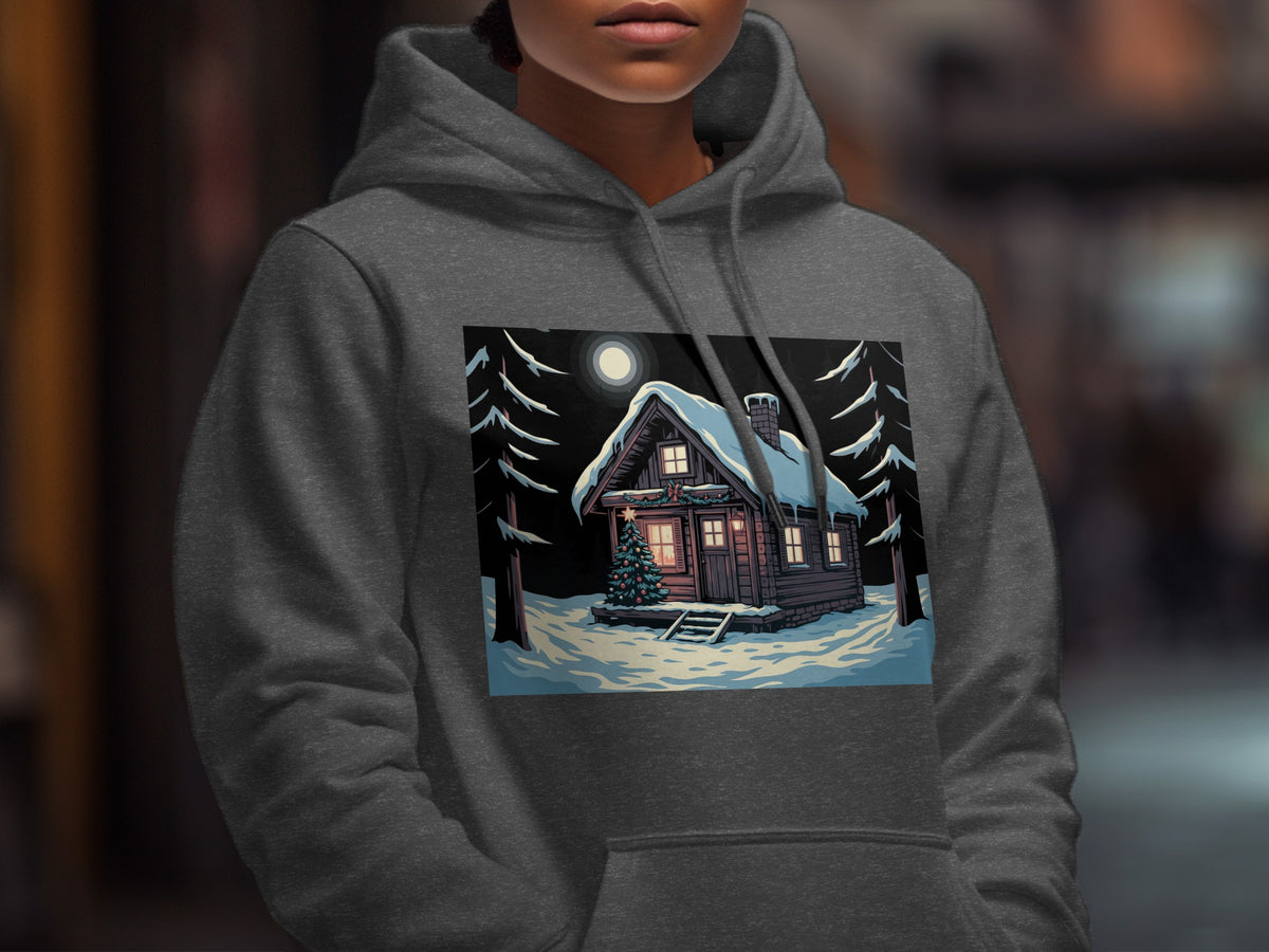 A person wearing a dark grey hooded sweatshirt featuring a graphic of a snowy cabin at night.