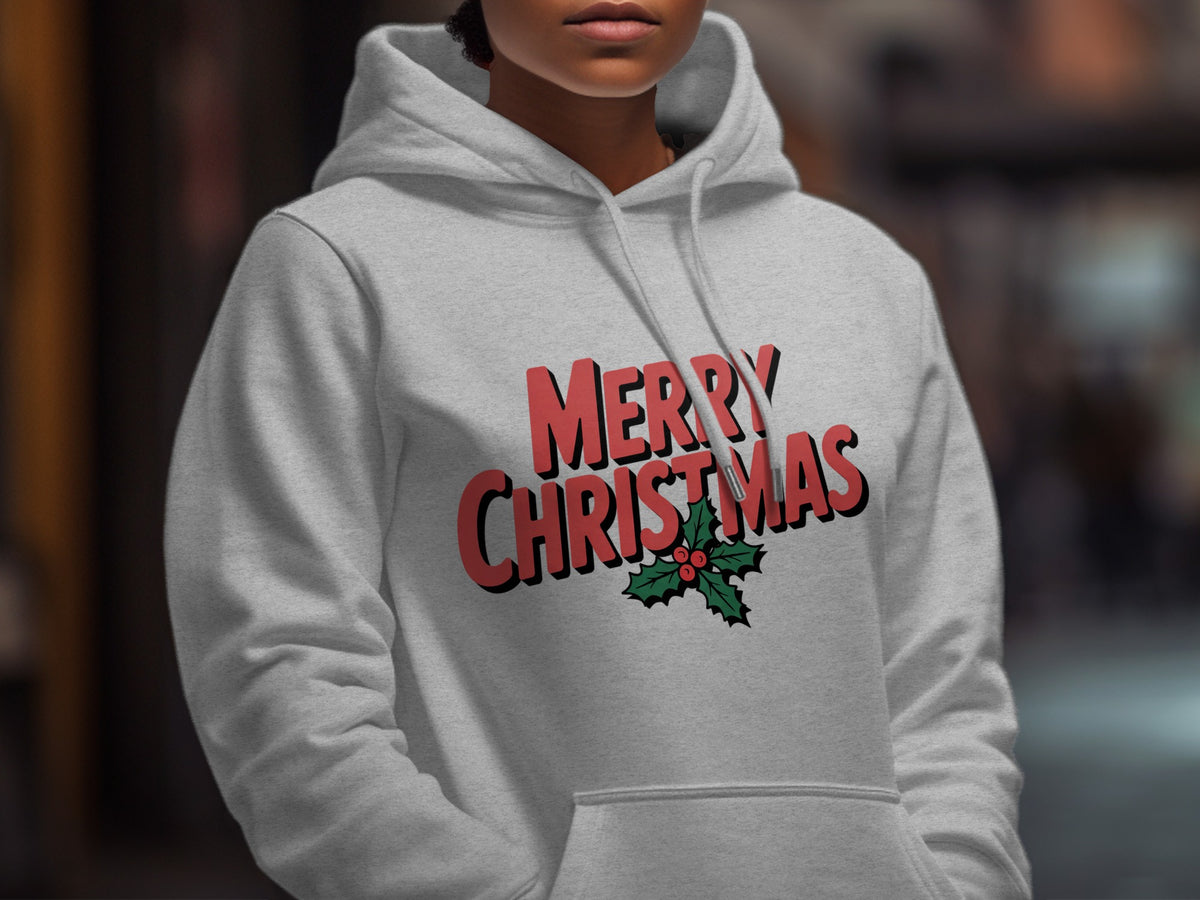 Light grey hoodie with red "MERRY CHRISTMAS" text and holly graphic.