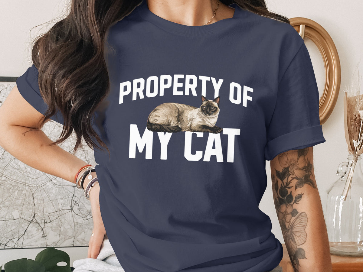 Navy t-shirt with "Property of My Cat" and a Siamese cat illustration.