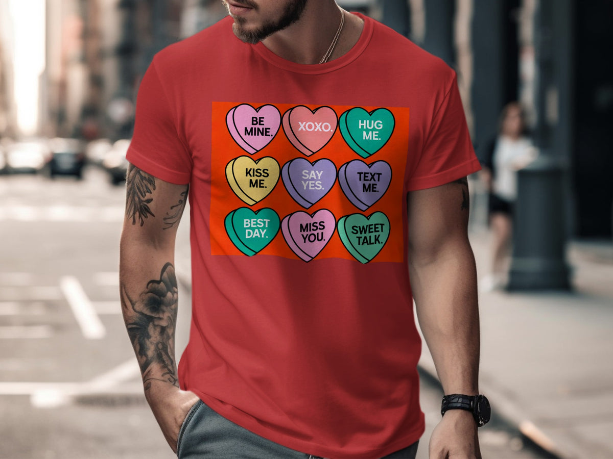 A man wearing a red t-shirt printed with a graphic of nine colorful conversation hearts with romantic messages.