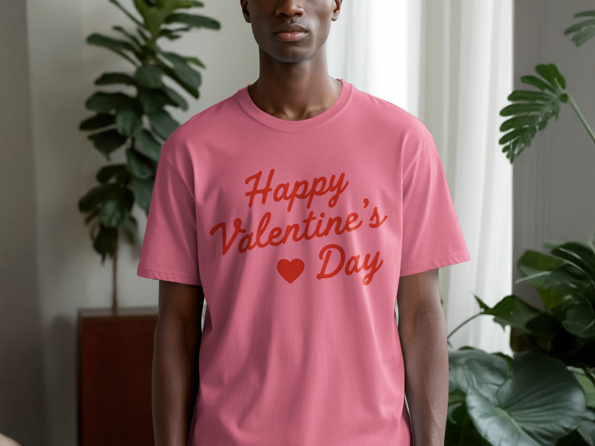 Pink t-shirt with red text "Happy Valentine's Day" and a heart.
