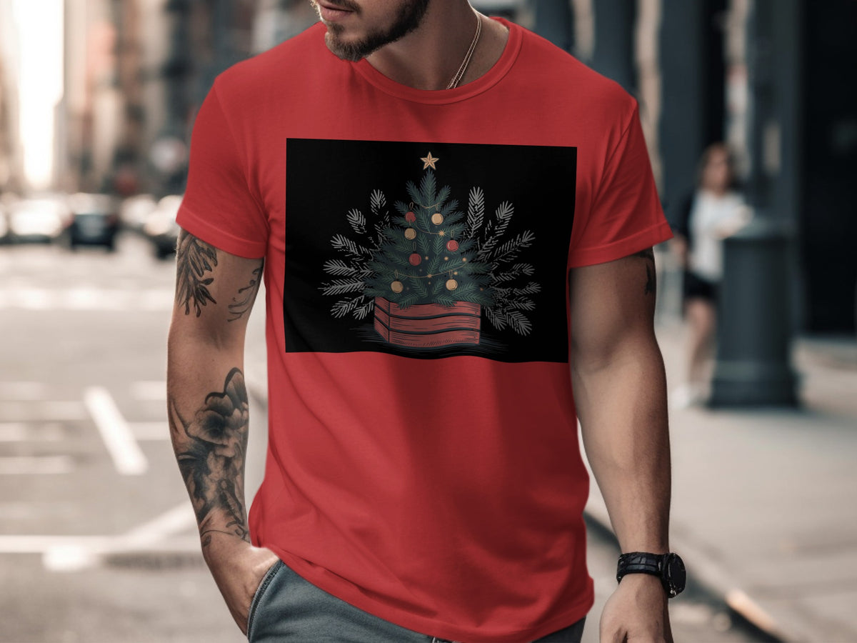Red t-shirt with a graphic of a decorated Christmas tree in a wooden planter.