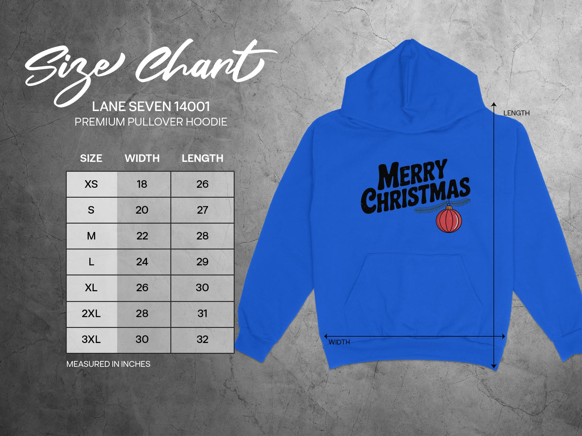 Lane Seven 14001 premium pullover hoodie size chart alongside a blue Christmas hoodie.