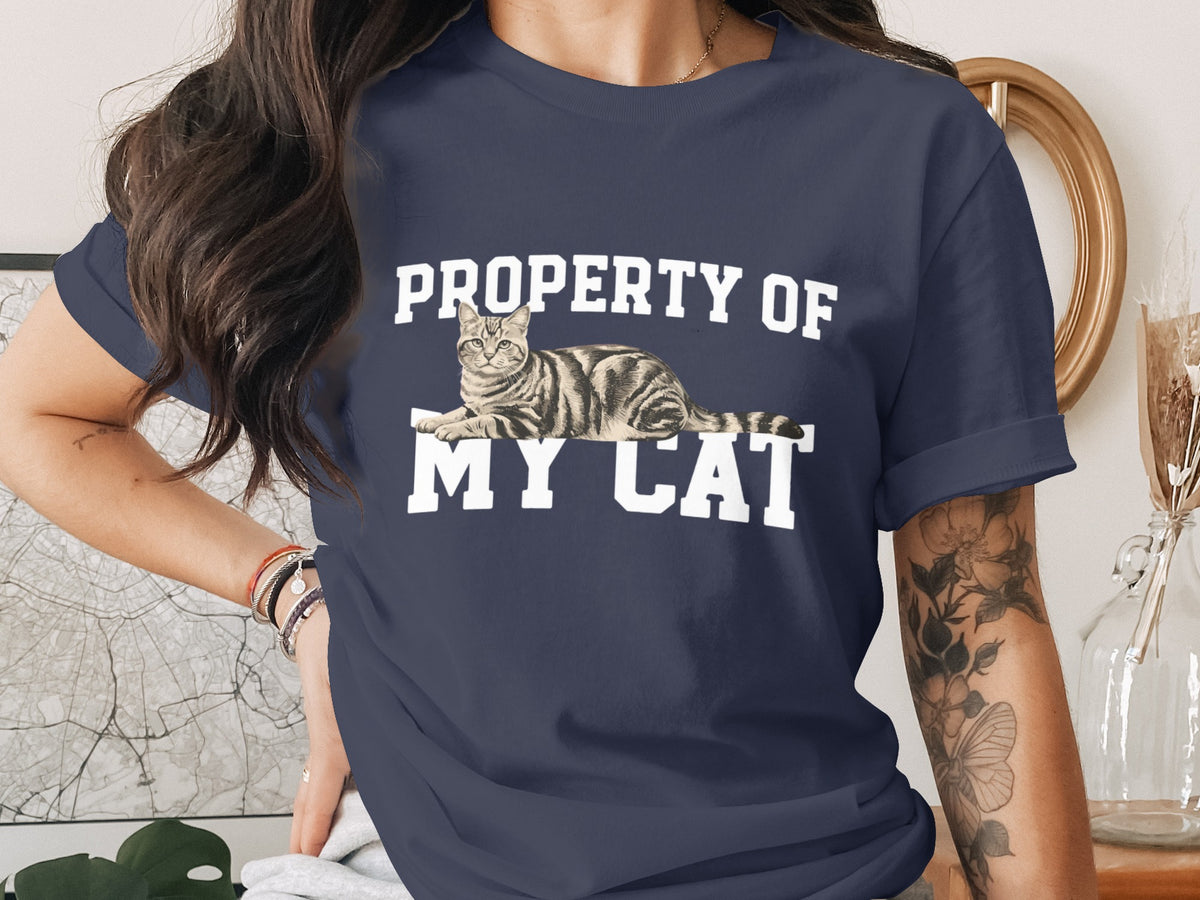Dark navy t-shirt with "PROPERTY OF MY CAT" and a tabby cat graphic.
