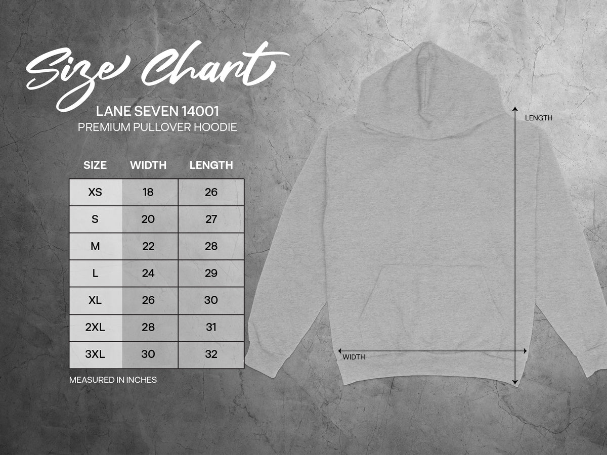Lane Seven 14001 Premium Pullover Hoodie size chart with measurements in inches.