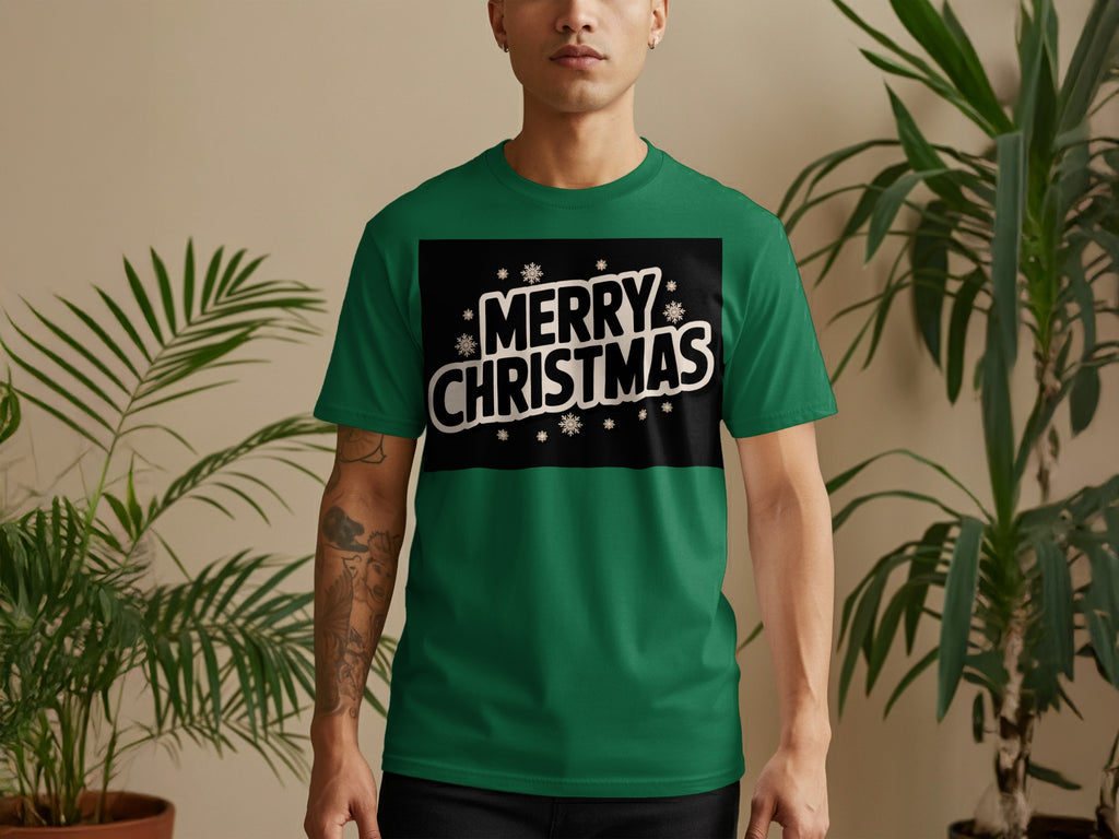 Green t-shirt with black panel displaying "MERRY CHRISTMAS" in white text.