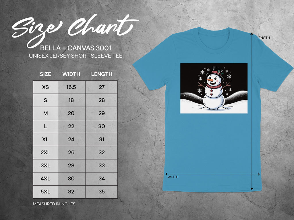 BELLA + CANVAS 3001 unisex tee size chart with snowman graphic.
