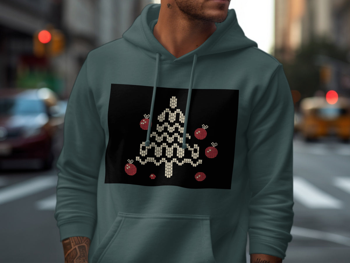 Teal hoodie with a pixelated Christmas tree and red ornaments design.