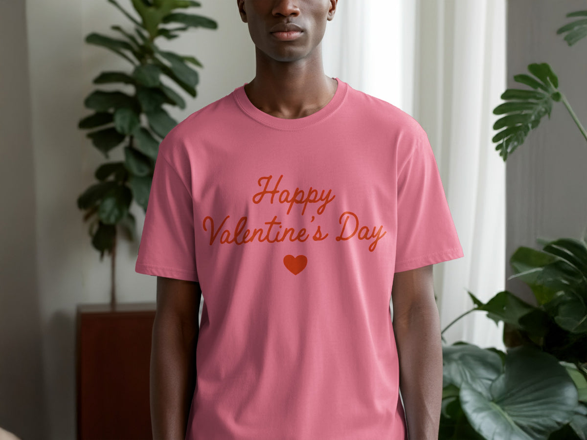 Pink t-shirt with red "Happy Valentine's Day" text and heart graphic.