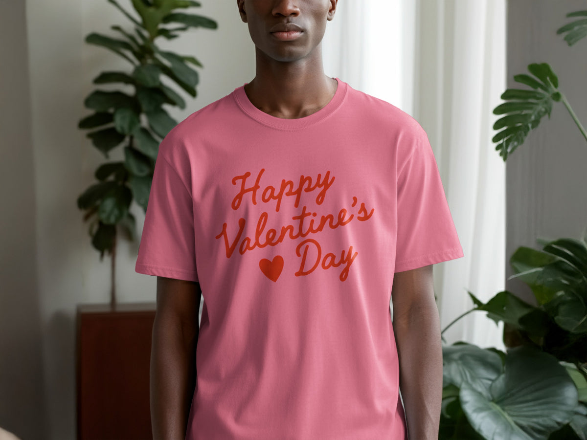 Pink t-shirt with red "Happy Valentine's Day" text and a heart.