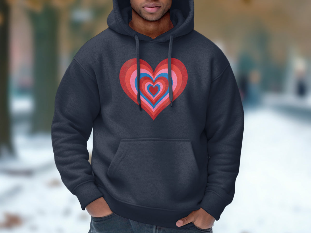 Dark gray hoodie with concentric heart design in red, pink, and blue.