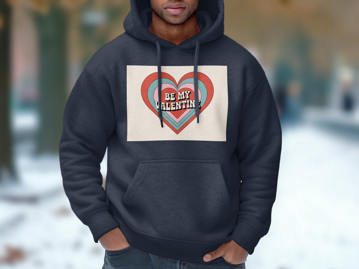 Dark blue hoodie with a "Be My Valentine" heart graphic.