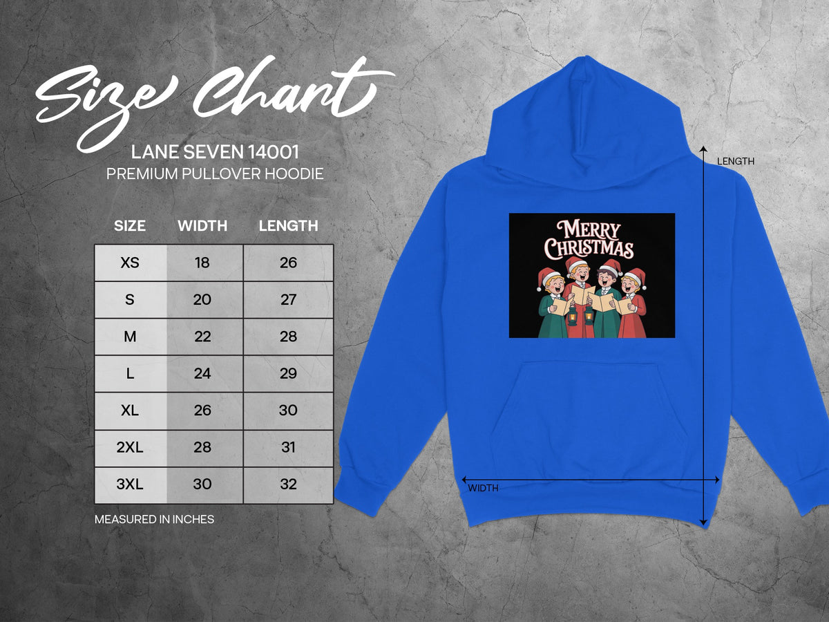 Lane Seven 14001 hoodie size chart with Christmas carolers graphic and dimensions in inches.