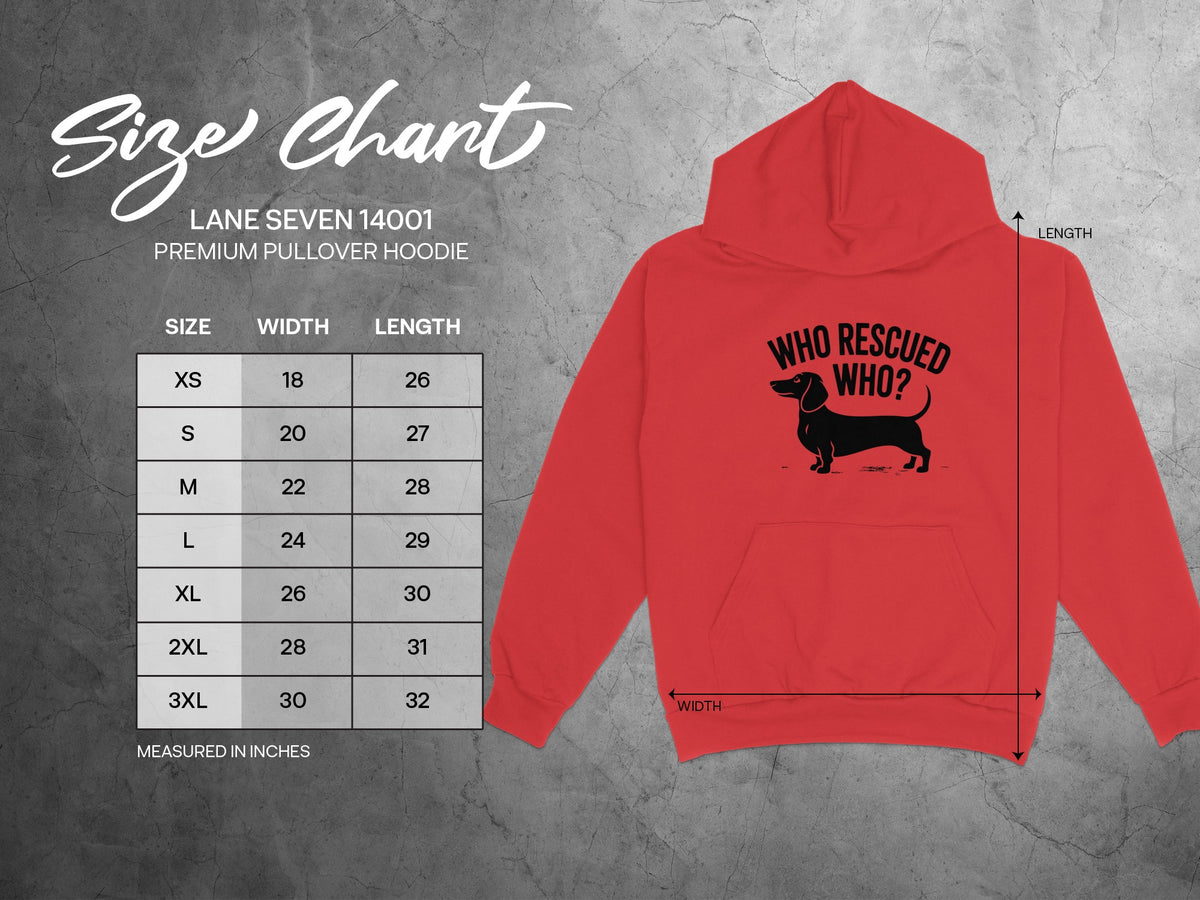 Lane Seven 14001 premium pullover hoodie size chart with dachshund graphic.