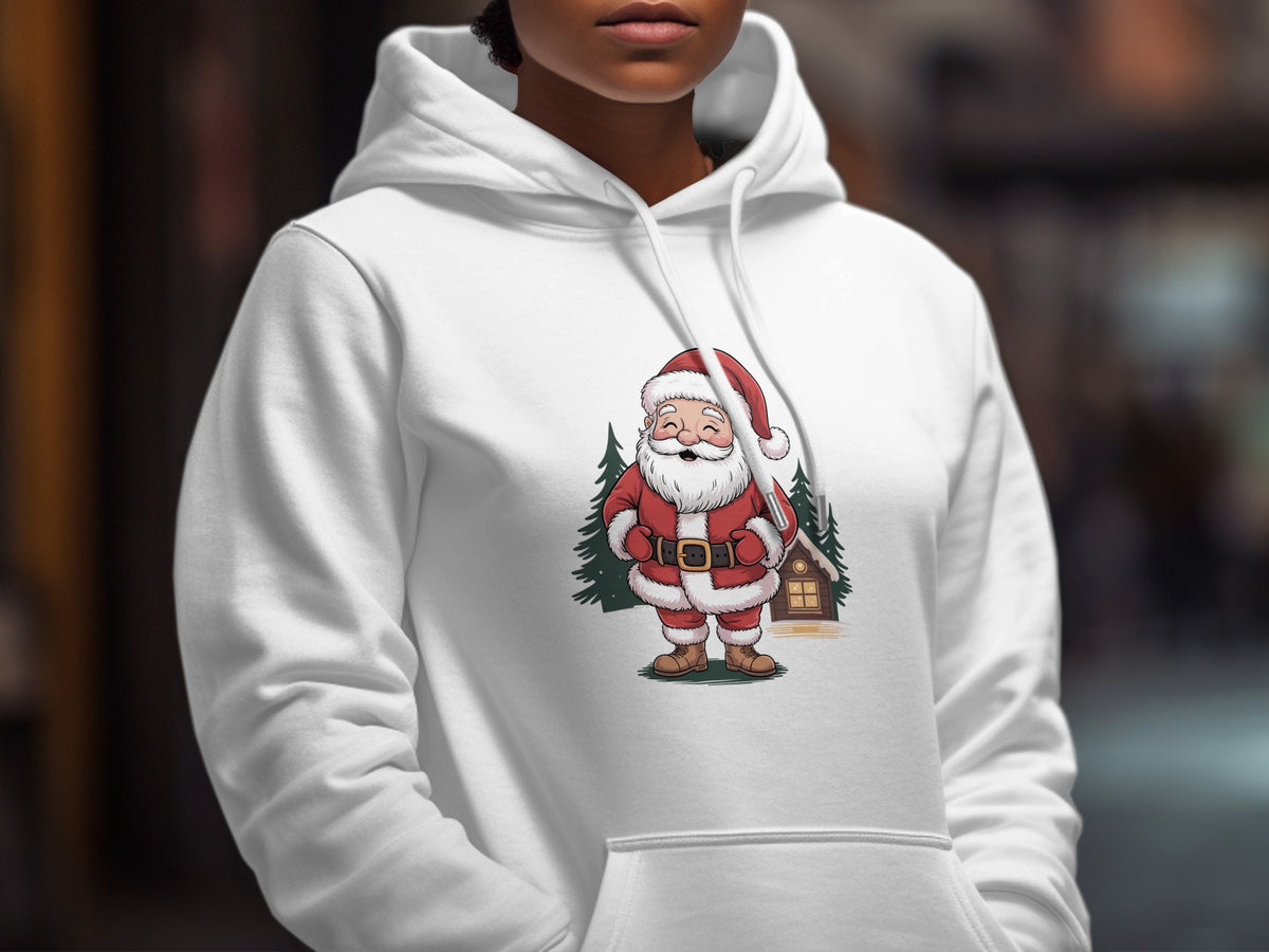 A person wears a white hooded sweatshirt printed with a cartoon graphic of Santa Claus.
