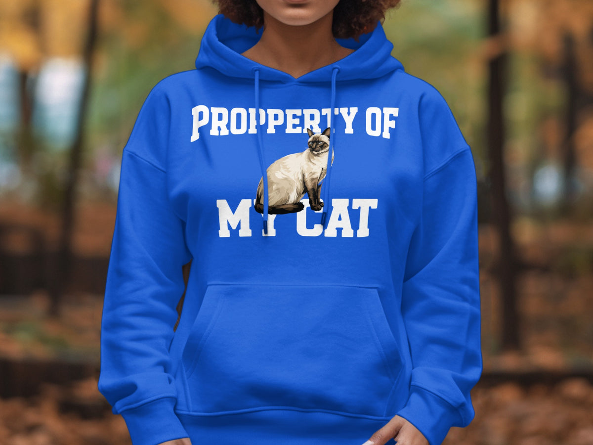 Blue hoodie with white text "PROPERTY OF" and a cat illustration.
