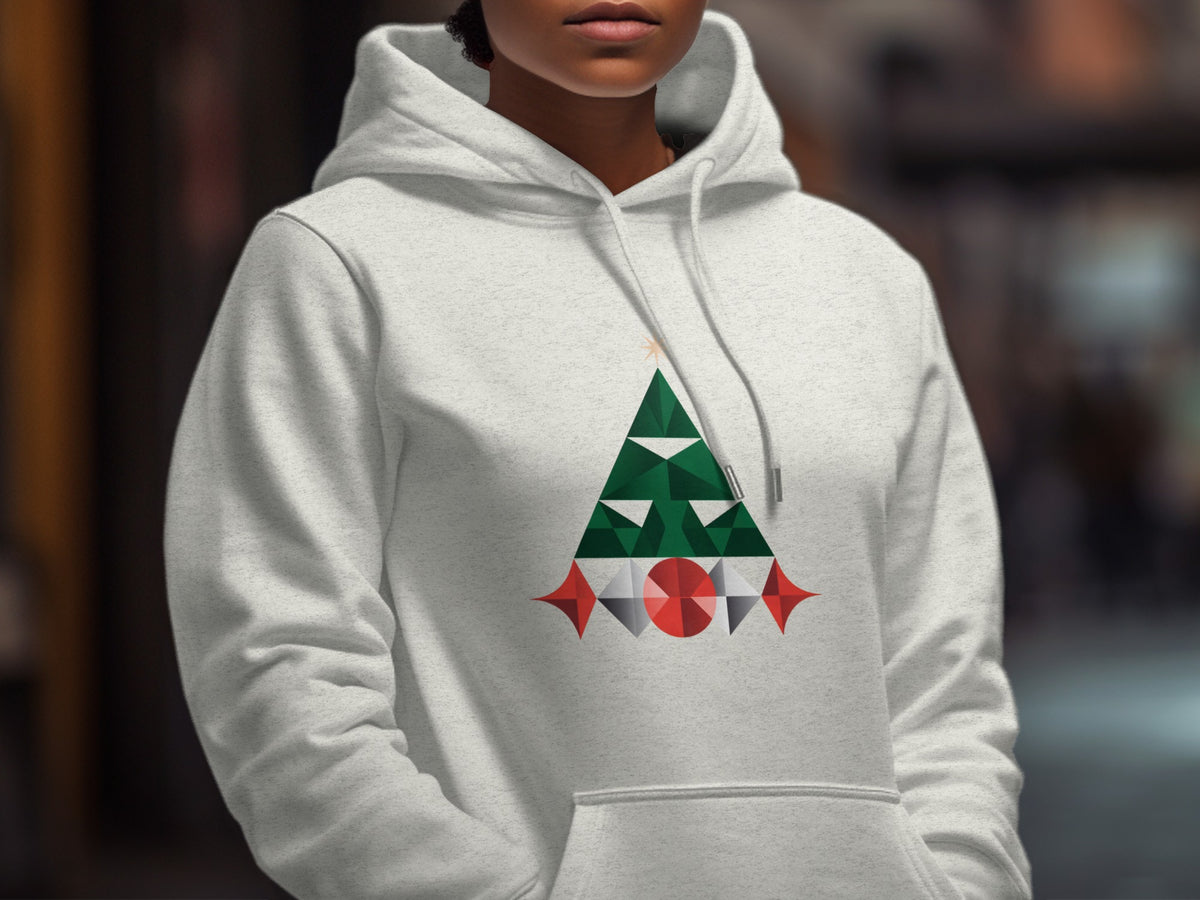 Light grey hoodie featuring a geometric Christmas tree design with star and baubles.