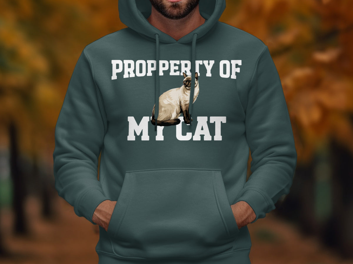 Teal hoodie with "Property of My Cat" text and Siamese cat graphic.