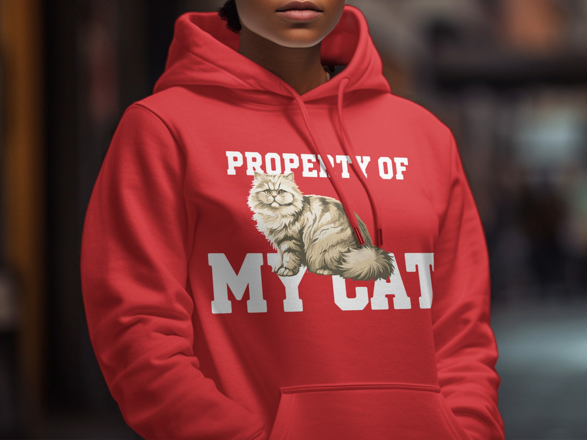 Red hoodie with "PROPERTY OF MY CAT" and a fluffy cat illustration.