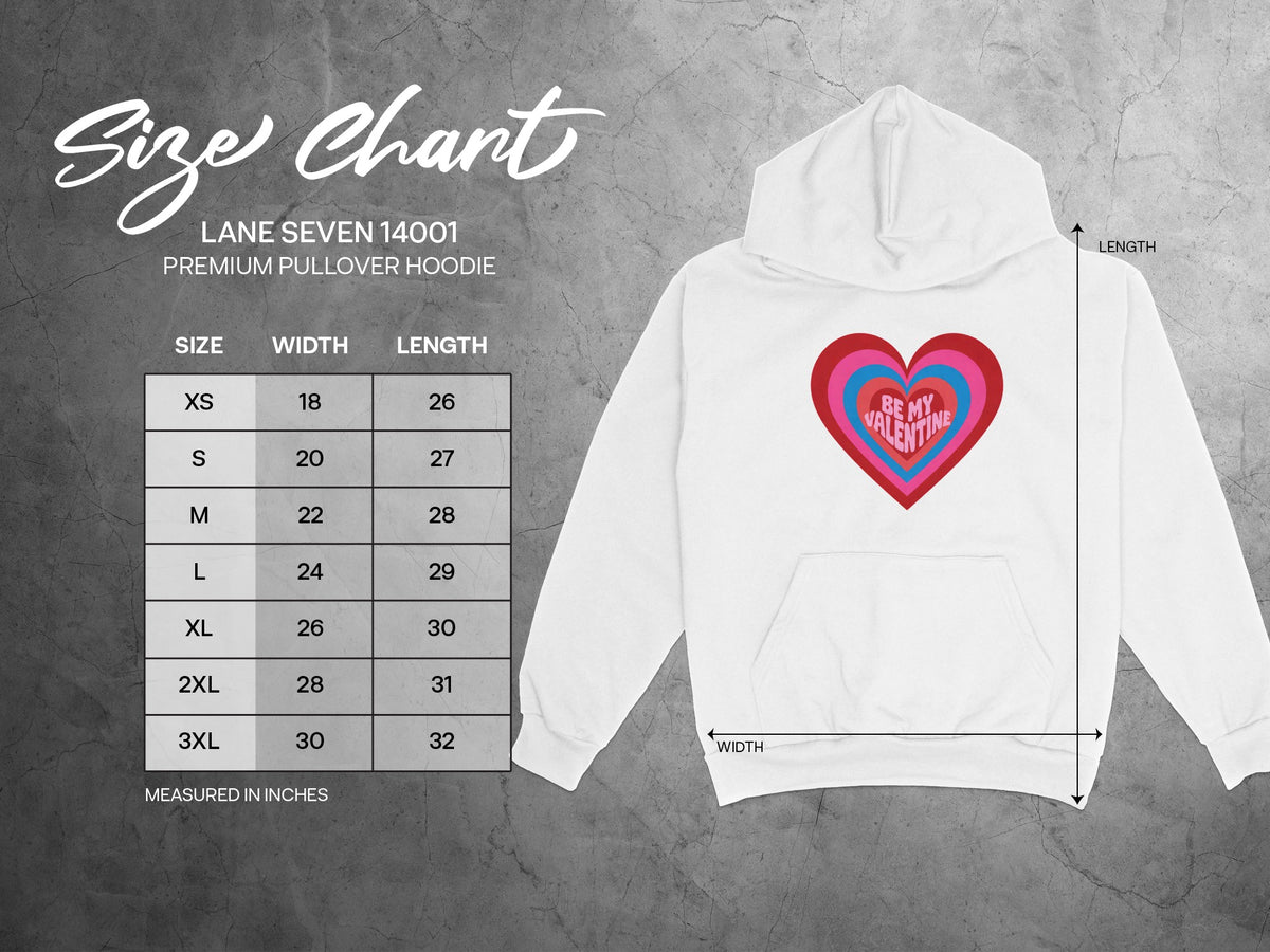 Lane Seven 14001 premium pullover hoodie size chart with measurements in inches.