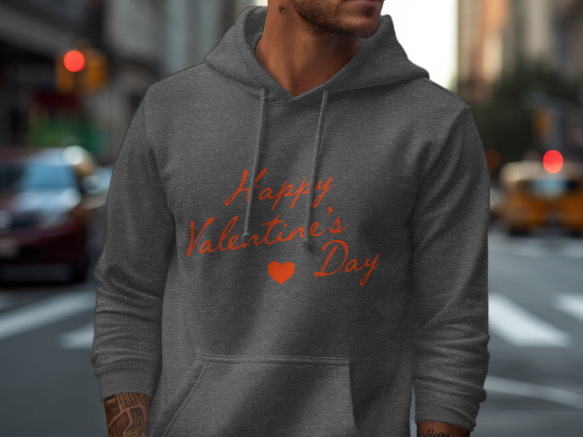 Grey hoodie with "Happy Valentine's Day" text and a heart graphic.