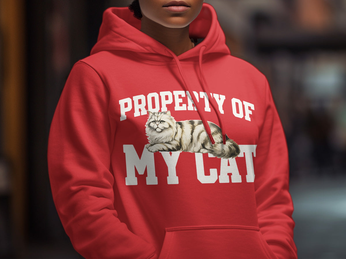 Red hoodie with "Property of My Cat" and a cat illustration.