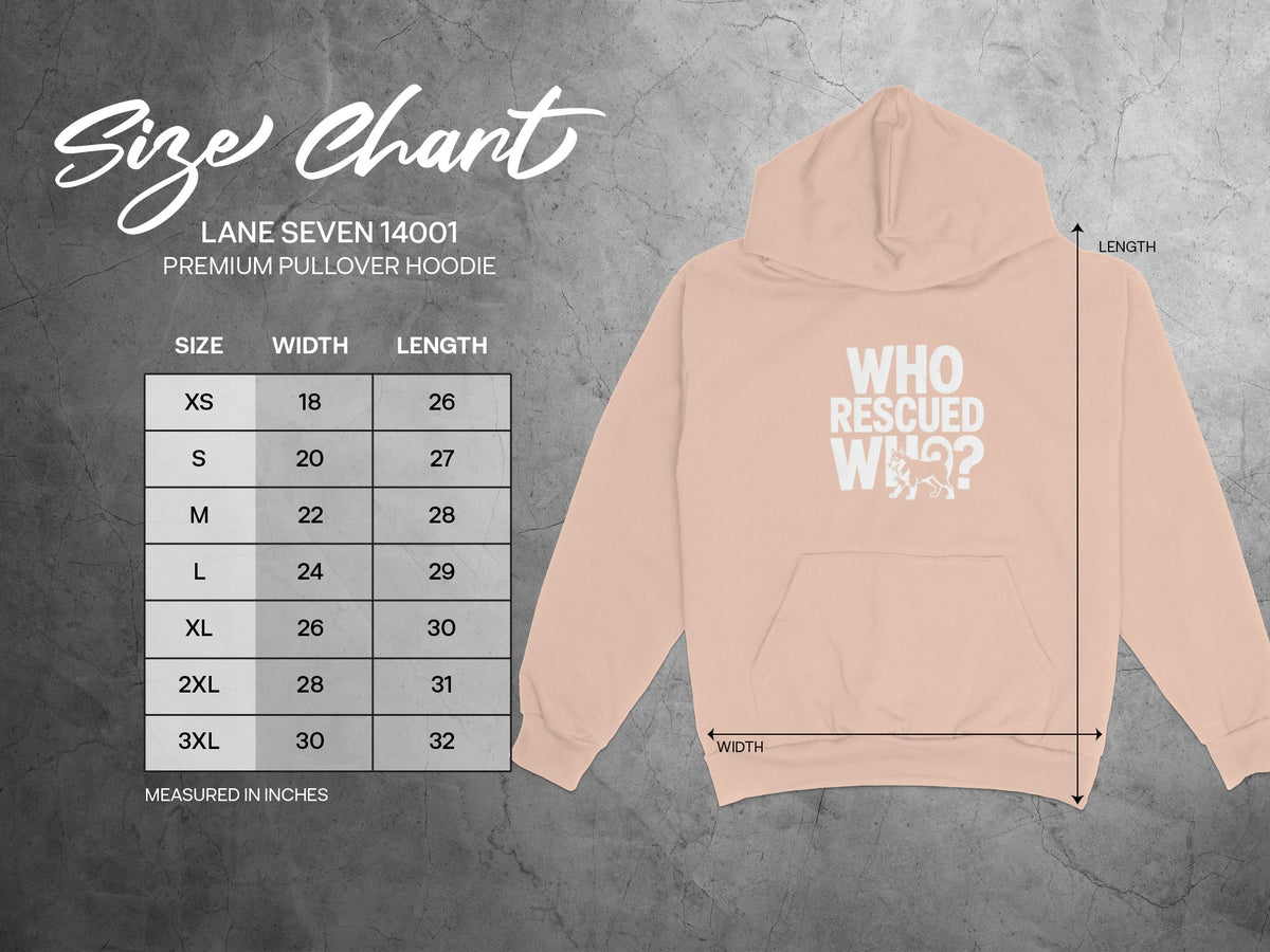 Size chart for Lane Seven 14001 premium pullover hoodie with width and length measurements.