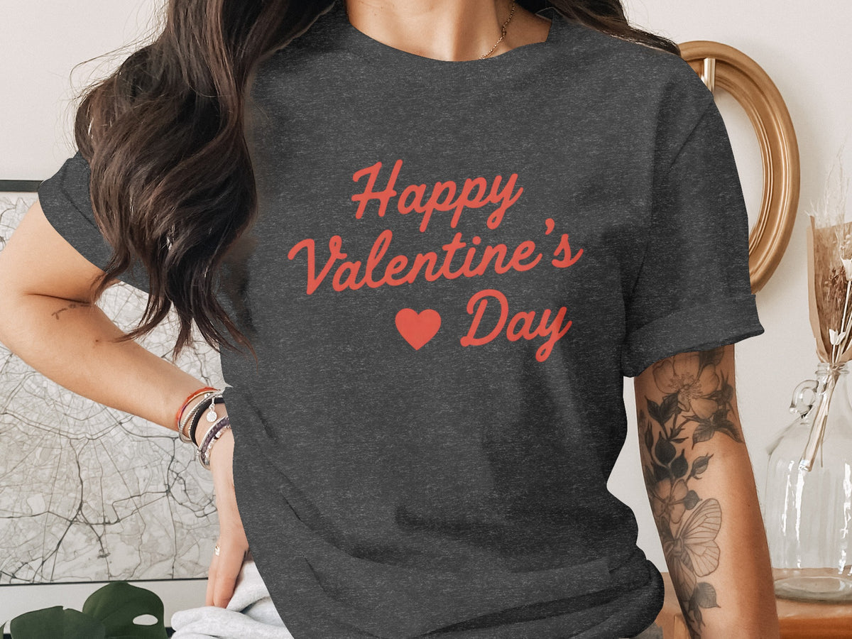 Dark t-shirt with red text "Happy Valentine's Day" and a heart.