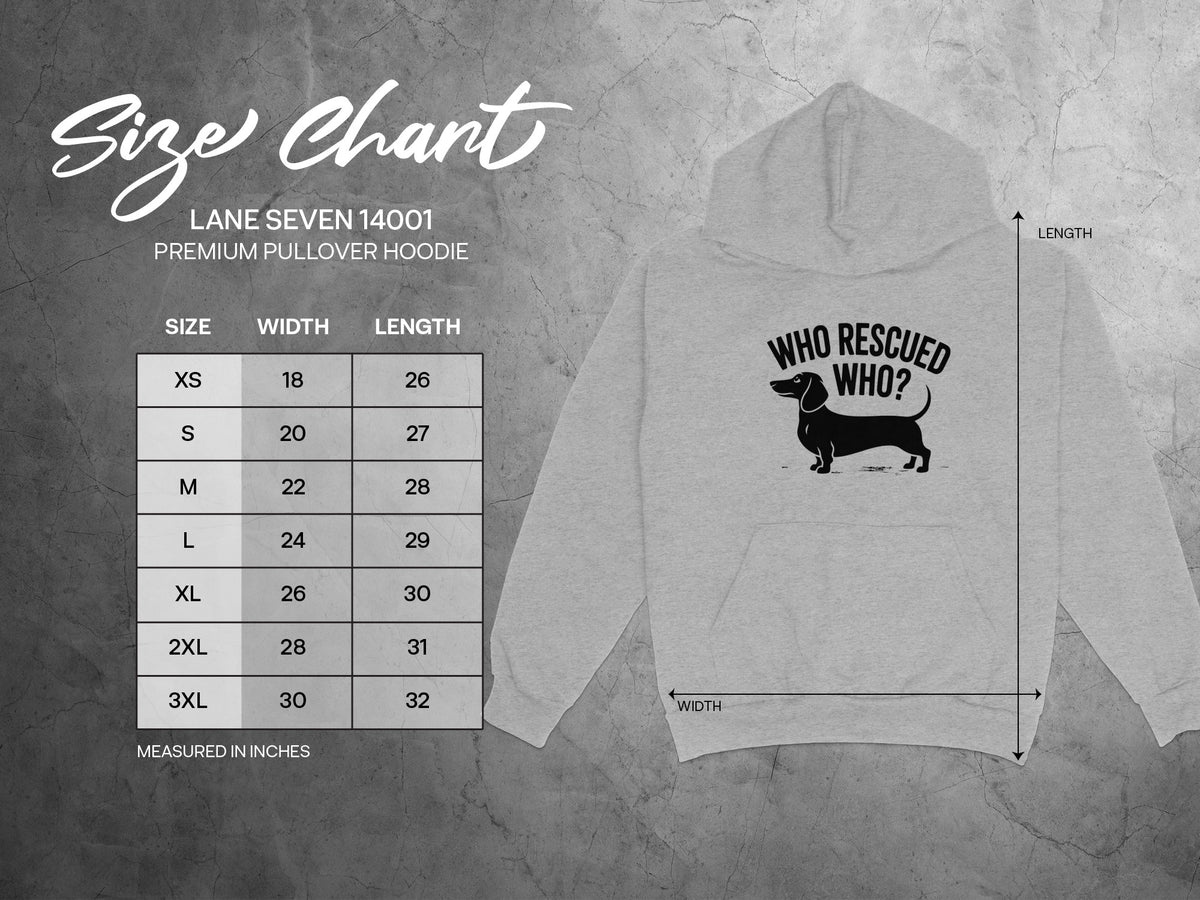 Size chart for Lane Seven 14001 premium pullover hoodie with dog graphic.