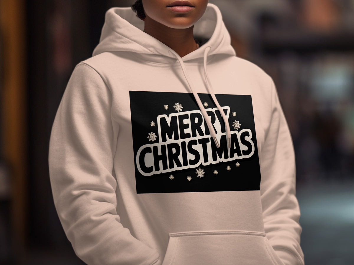 White hoodie with "Merry Christmas" text and snowflakes graphic.