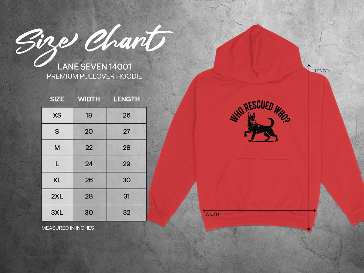 Lane Seven 14001 hoodie size chart with width and length measurements in inches.