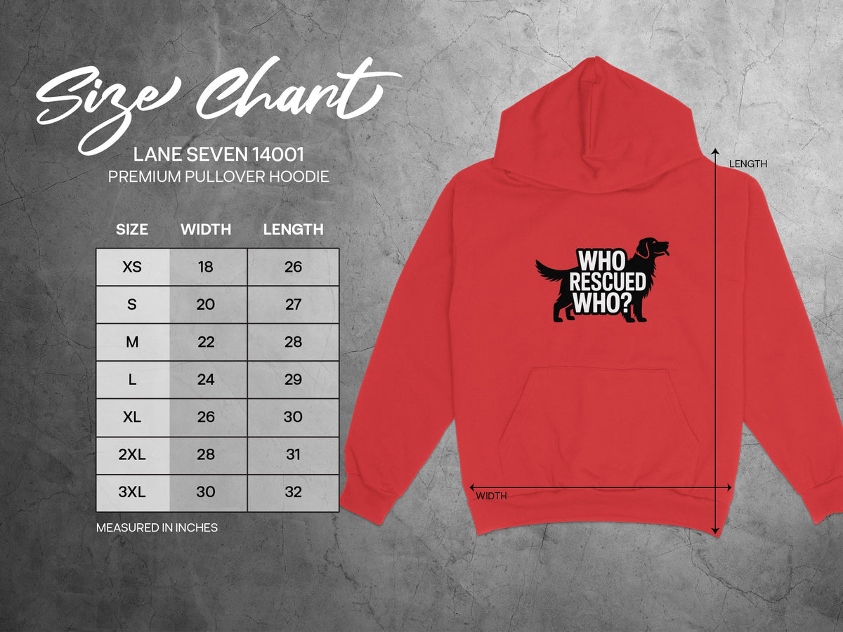 Lane Seven 14001 pullover hoodie size chart with width and length in inches.