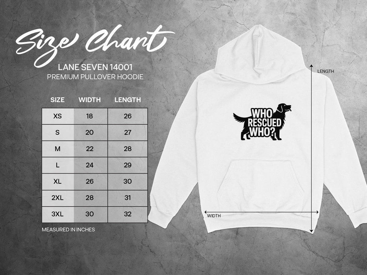 Lane Seven 14001 premium pullover hoodie size chart with dog graphic.