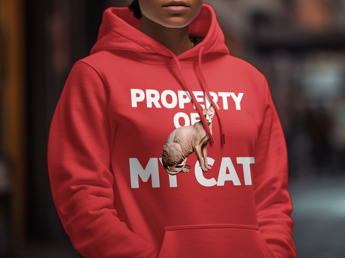 Red hoodie with "PROPERTY OF MY CAT" and a sphynx cat graphic.