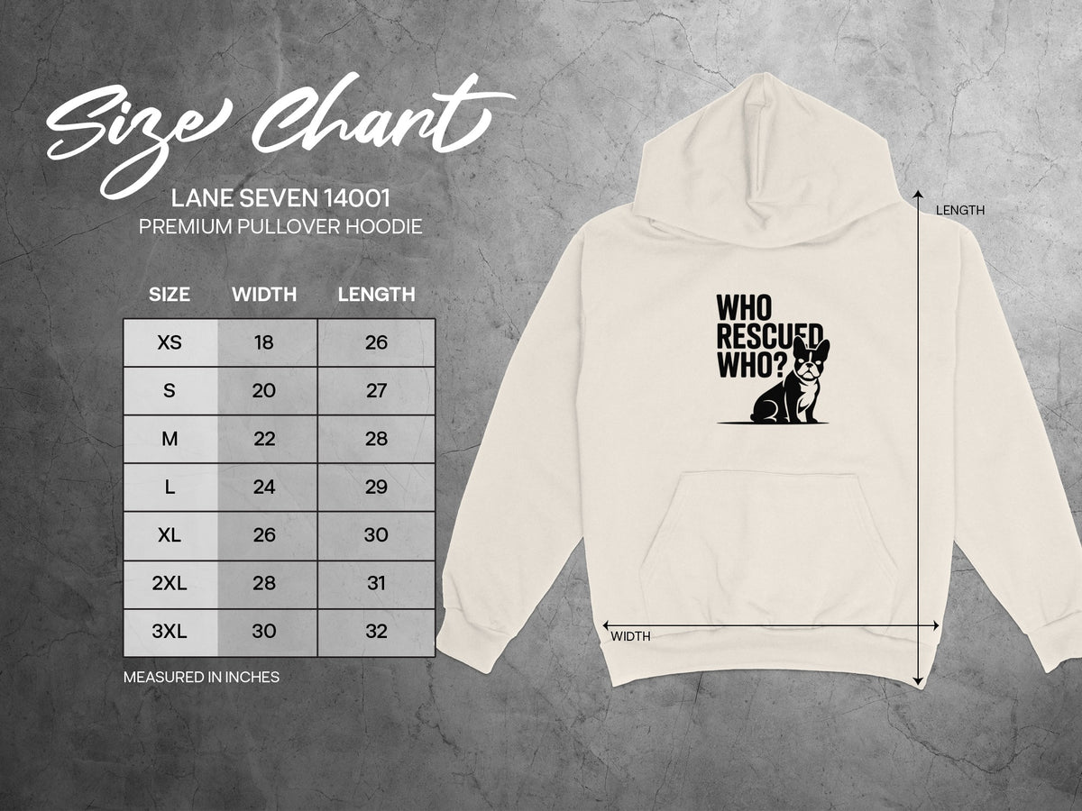 Size chart for Lane Seven 14001 premium pullover hoodie with dog graphic.