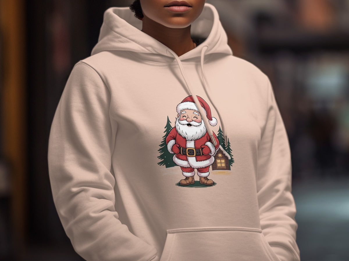 A person wearing a beige hooded sweatshirt printed with a festive Santa Claus graphic.
