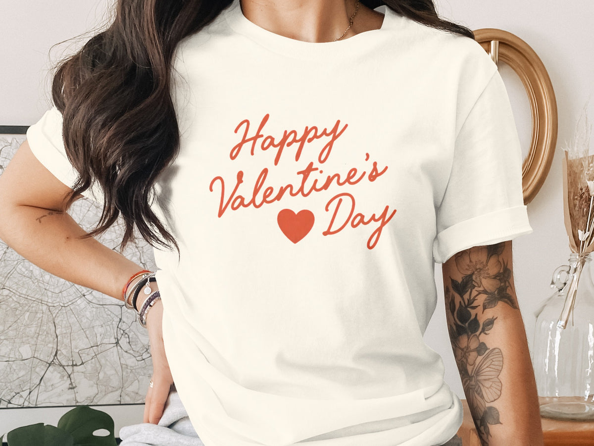 Cream t-shirt with red "Happy Valentine's Day" text and a heart.